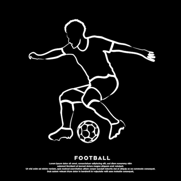 Football player dribbling white line art isolated on black background