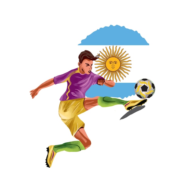 Football player kicking the ball on the background of the flag of Argentina Vector illustration Design element for sports banners flyers invitations clothes