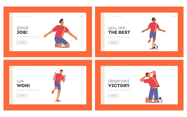 Football Players Celebrate Victory Landing Page Template Set Happy Soccer Sportsmen Win After Goal Yelling