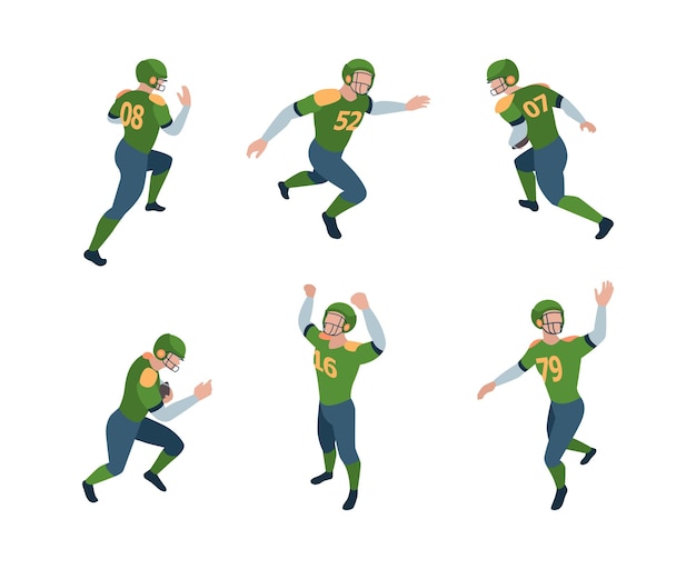 Football players Isometric sport characters american football players running jumping standing holding ball garish vector 3d persons in dynamic pose