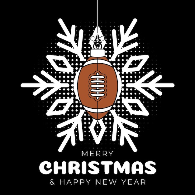 Football rugby christmas greeting card Merry Christmas and Happy New Year outline style flat cartoon Sports banner ball as a xmas ball on black background Vector illustration