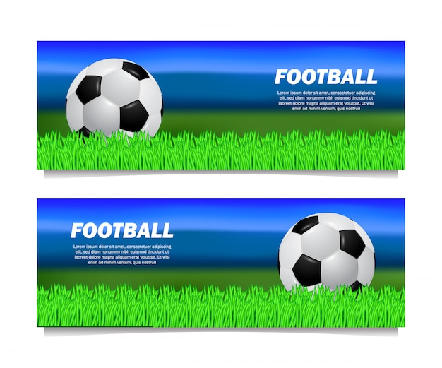 Football soccer 3D realistic ball  banner template with green grass field