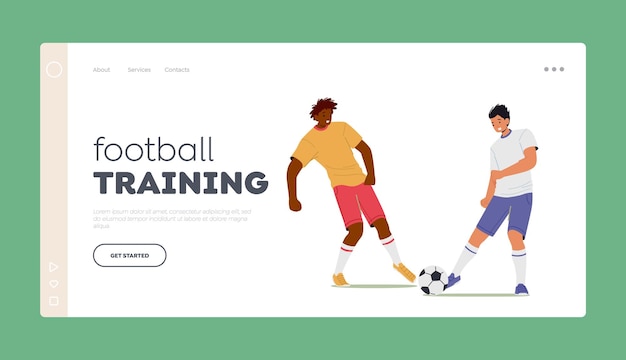 Football Training Landing Page Template Couple Of Young Men In Sports Uniform Practicing Soccer Game Illustration