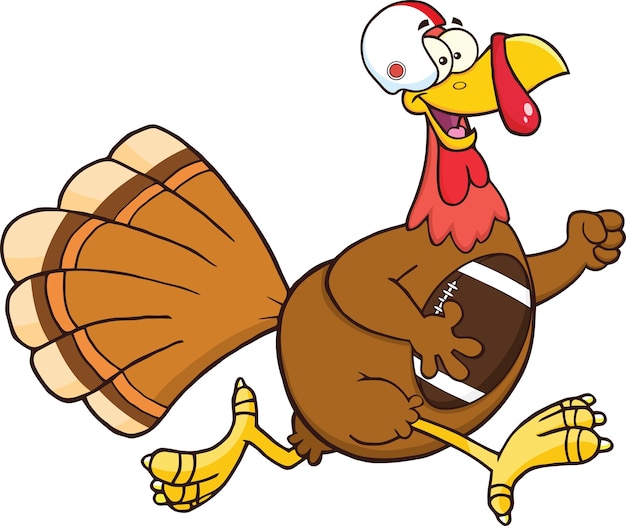 Football Turkey Bird Cartoon Character Running In Thanksgiving Super Bowl. Vector Illustration