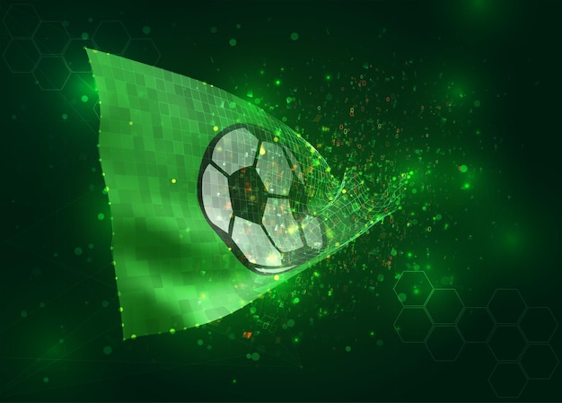 Football on vector 3d flag on green background with polygons and data numbers