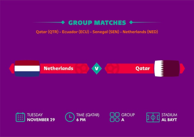 Football world cup, Qatar 2022. Match schedule of Netherlands vs Qatar the with flags. World cup.