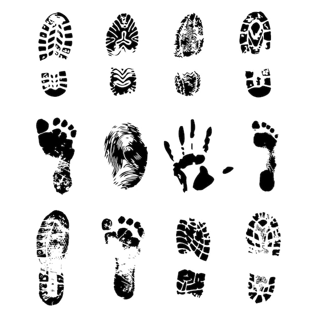 Footprint vector set. Shoe marks on a white background. Black foot silhouette.