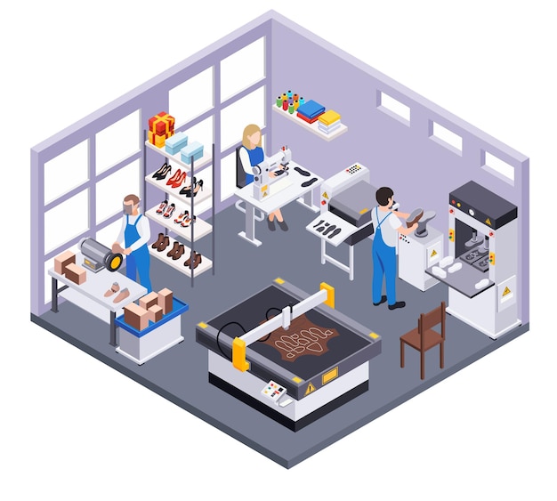 Footwear shoes production isometric composition with indoor view of room with designers and factory workers characters illustration