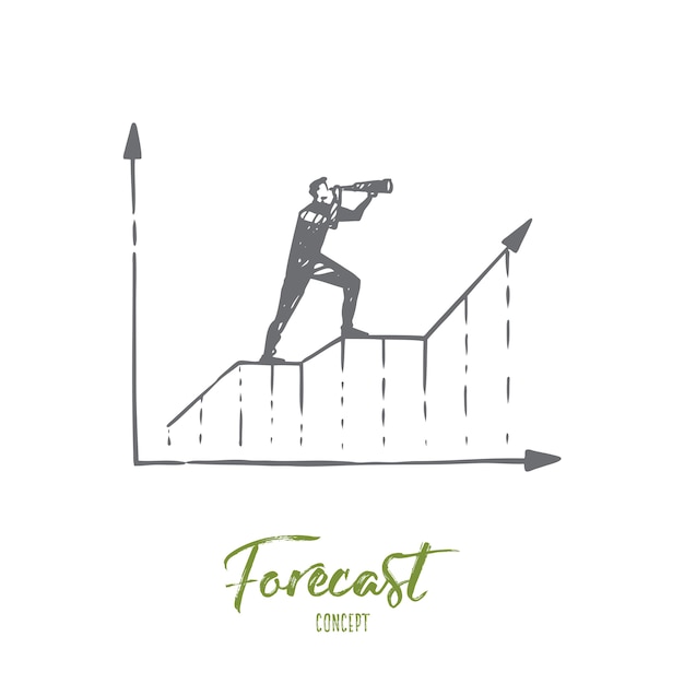 Forecast, graph, growth, progress, diagram concept. Hand drawn businessman looking through spyglass concept sketch. 