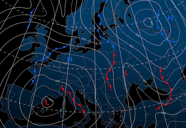 Forecast weather isobar night map of Europe