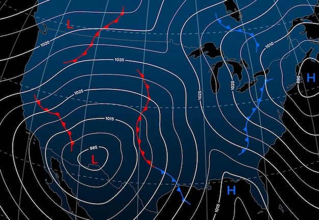 Forecast weather isobar night map of North America