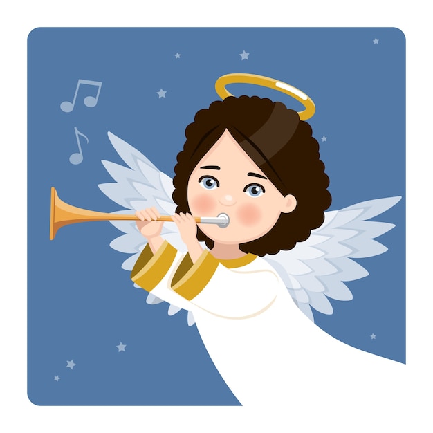 Foreground angel playing the trumpet on blue sky and stars. Flat vector illustration