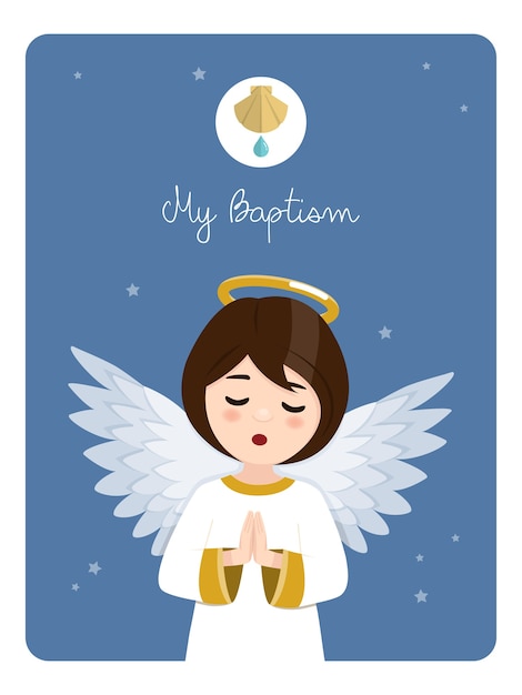 Foreground praying angel. Baptism reminder on a blue sky. Flat vector illustration