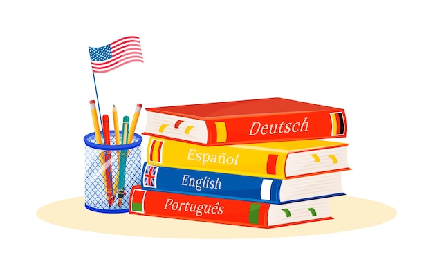 Foreign language learning flat concept illustration. Spanish, Portuguese and German languages courses. School subjects. Linguistics study metaphor. Textbook and dictionary 2D cartoon objects