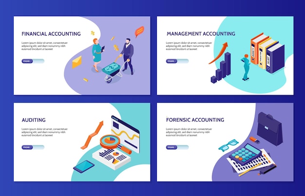 Forensic financial and management accounting and auditing horizontal banners  set isometric