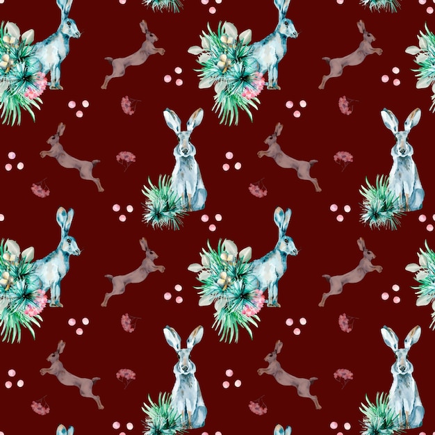 Forest animal hare rabbit watercolor seamless pattern isolated on red