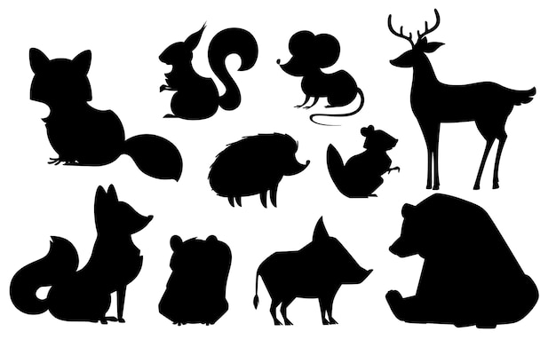 Forest animal set black silhouette animal predatory and herbivorous mammals