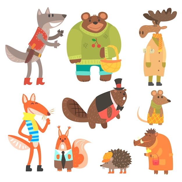 Forest Animals Dressed In Human Clothes Set Of Illustrations