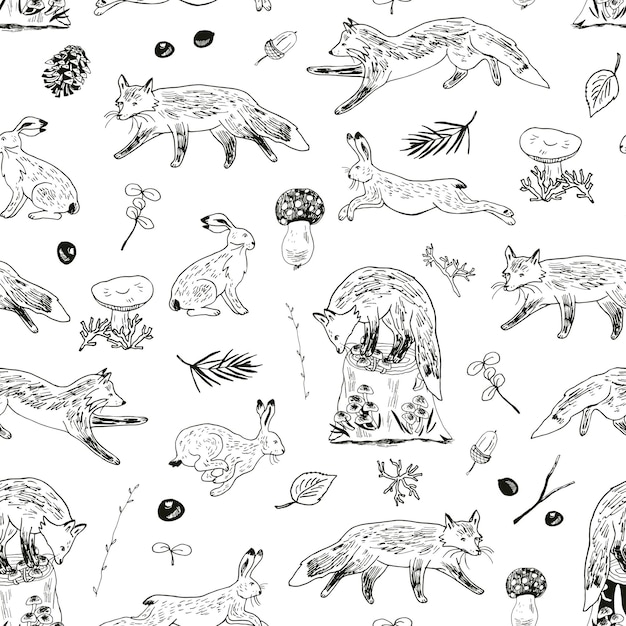 Forest animals fox and hare vector line seamless pattern