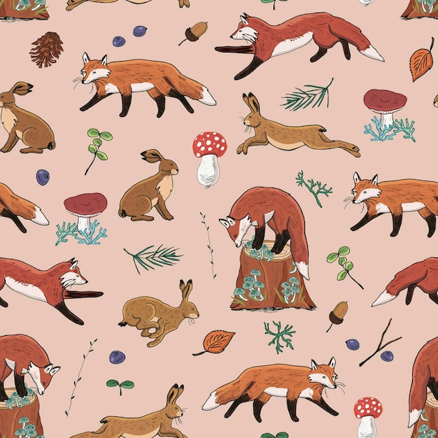 Forest animals fox and hare vector seamless pattern