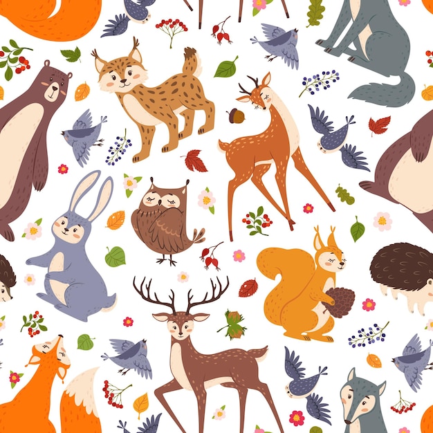 Forest animals vector seamless pattern cute woodland flat cartoon fox bear rabbit deer hedgehog