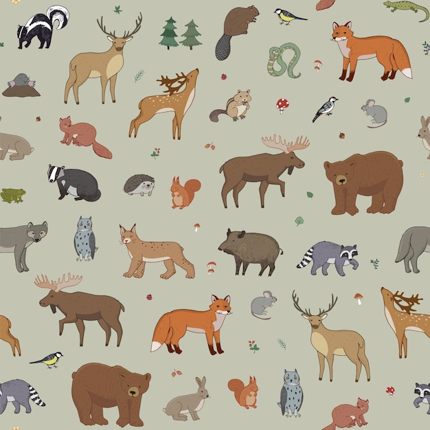 Forest animals vector seamless pattern