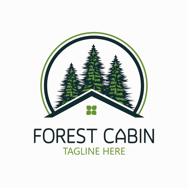 Forest cabin Vector Logo Design. Template of pine trees and forest cabin made of simple strokes. it