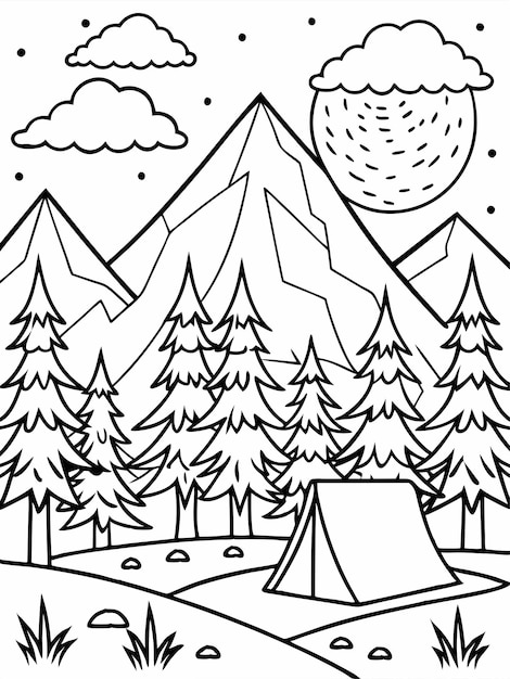 Forest camp colouring book pages for children and adults with vector design