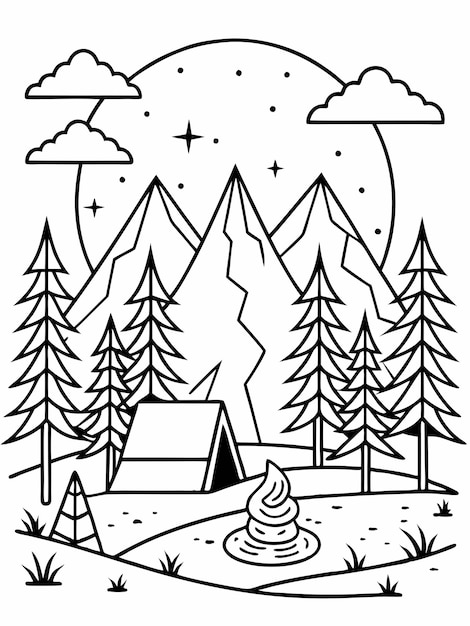 Forest camp colouring book pages for children and adults with vector design