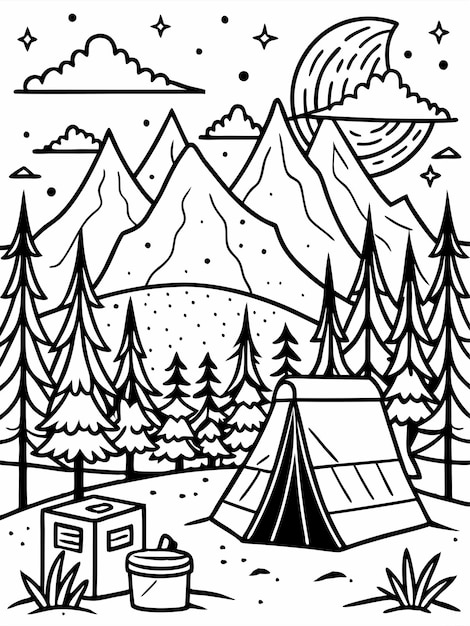 Forest camp colouring book pages for children and adults with vector design