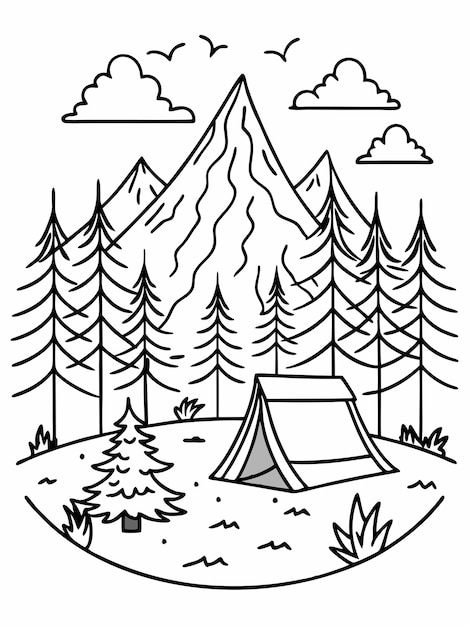 Forest camp colouring book pages for children and adults with vector design