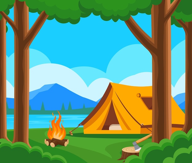 Vector forest camp poster with orange tent bonfire stump with axe campsite on green grass and mountains