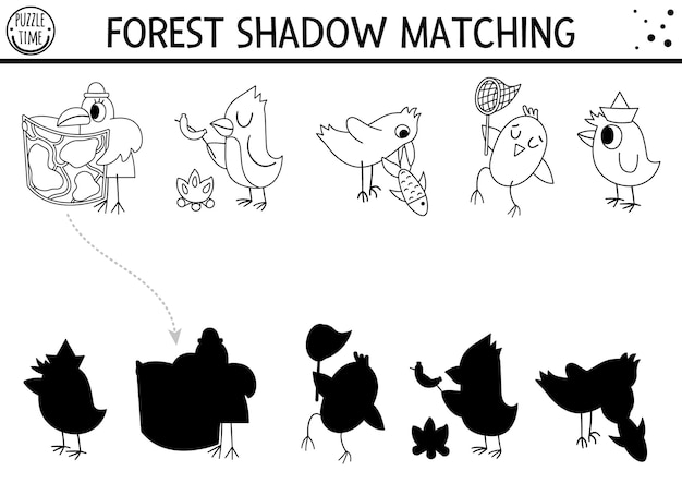 Forest or camping black and white shadow matching activity with cute animals Road trip outline puzzle with birds raven Find the correct silhouette printable worksheet or coloring page xA