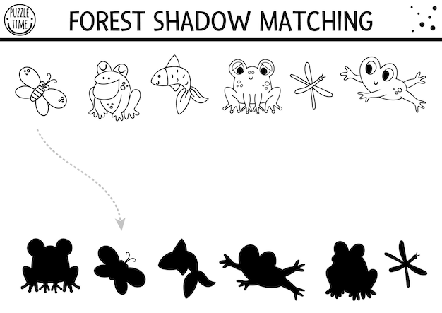 Forest or camping black and white shadow matching activity with cute animals Road trip outline puzzle with frogs fish butterfly Find the correct silhouette printable worksheet coloring page xA