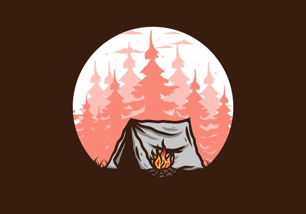 Forest camping with bonfire illustration badge