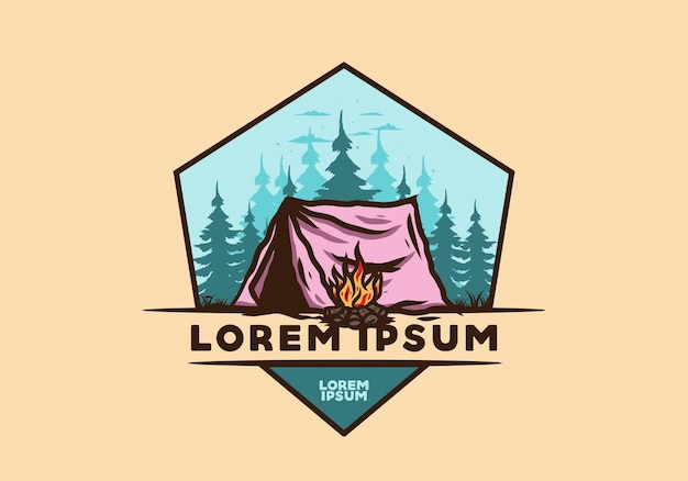 Forest camping with bonfire illustration badge