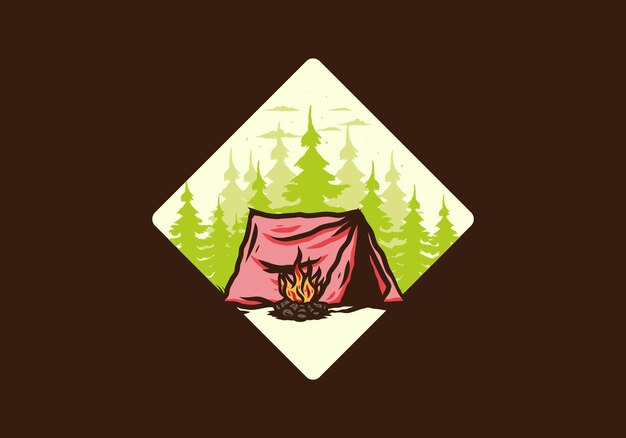 Forest camping with bonfire illustration badge