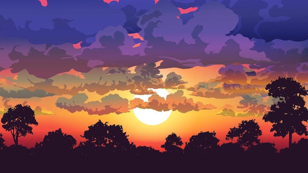 Forest cloudy sunset landscape illustration