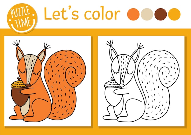 Forest coloring page for children with squirrel Vector autumn holiday outline illustration with cute animal Woodland color book for kids with colored example Drawing skills printable worksheetxA