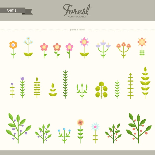 Forest constructor Flowers and plants Beautiful and trendy set of flat elements