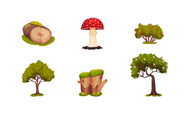 Vector forest elements with mossy log mushroom and trees vector set