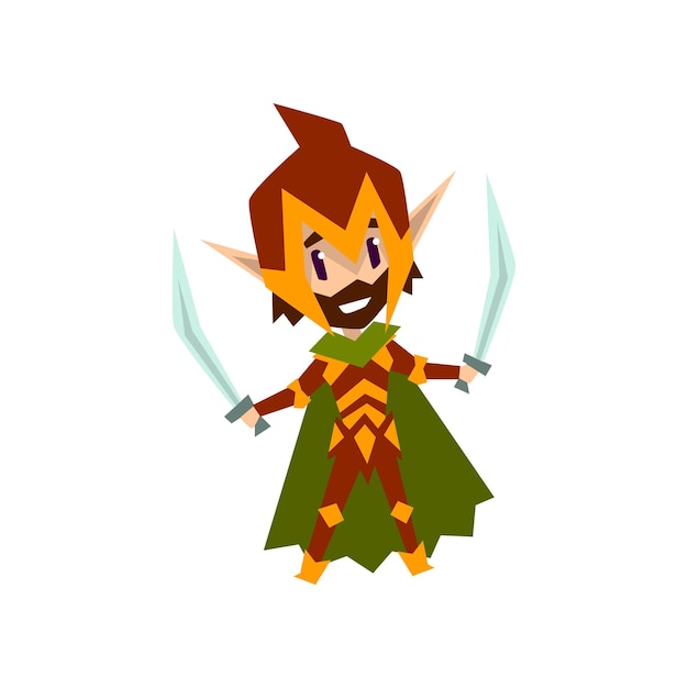 Forest elf warrior in green clothes with swords cute fairytale magic character vector Illustration on a white background