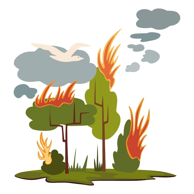 Forest fires Burning forest spruces in fire flames nature disaster concept illustration background poster danger careful with fires in the woods Environmental disaster Vector illustration