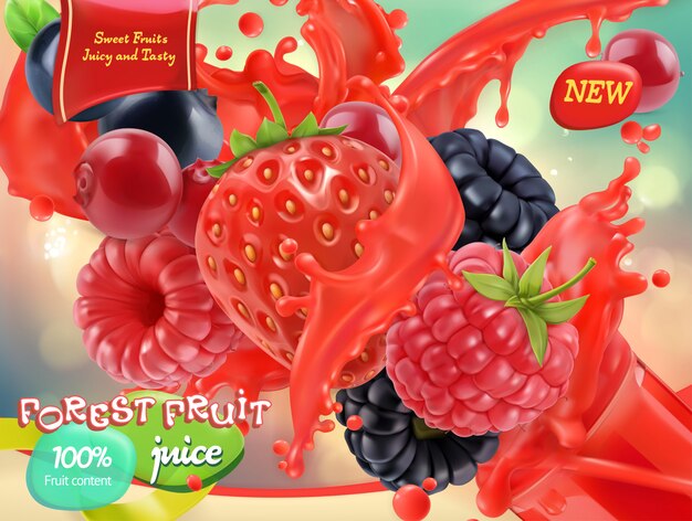 Forest fruit. Mixed berry. 3d realistic , package design