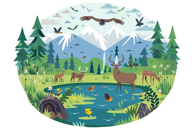 Vector forest grassland and mountain scene