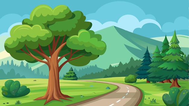 Forest green tree beside road and river for cartoon animation