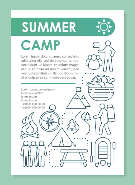 Forest hiking camp, vacation, holiday brochure template layout. Flyer, booklet, leaflet print design with linear illustrations. Vector page layouts for magazines, annual reports, advertising posters