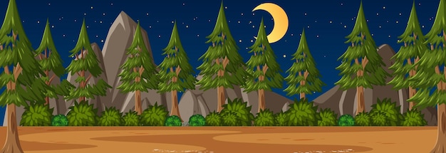 Forest horizontal scene at night with many pine trees background