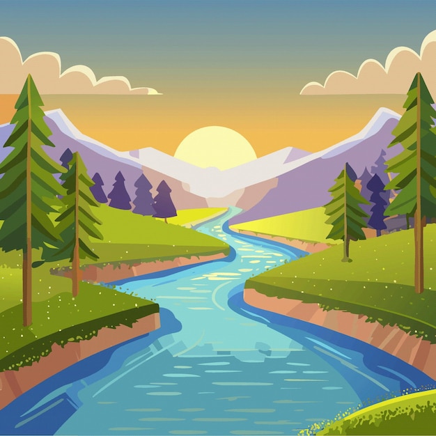 Vector forest lake and mountain on background with sunset nature landscape vector illustration