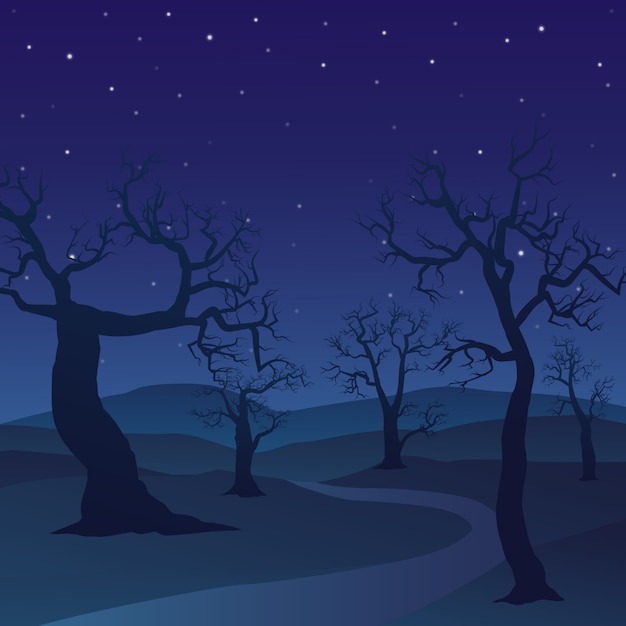 Forest landscape on night day with dead trees 